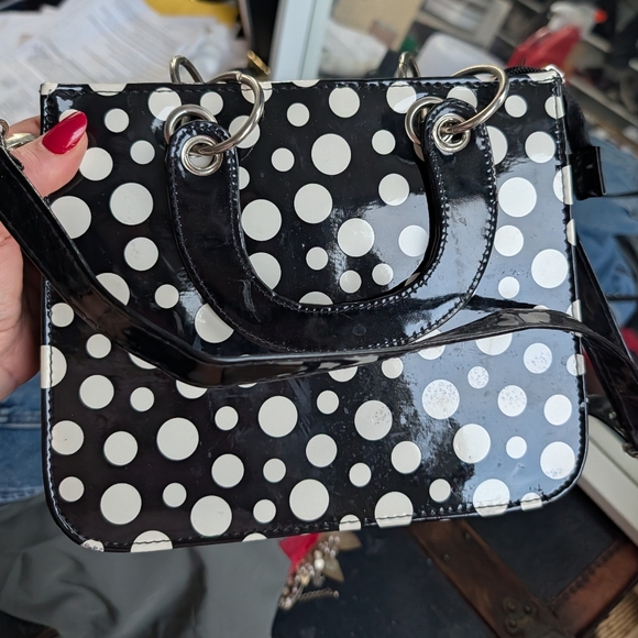 Vintage Handbags - Vintage 50s Black & White Polka Dot Vinyl Top Handle Purse